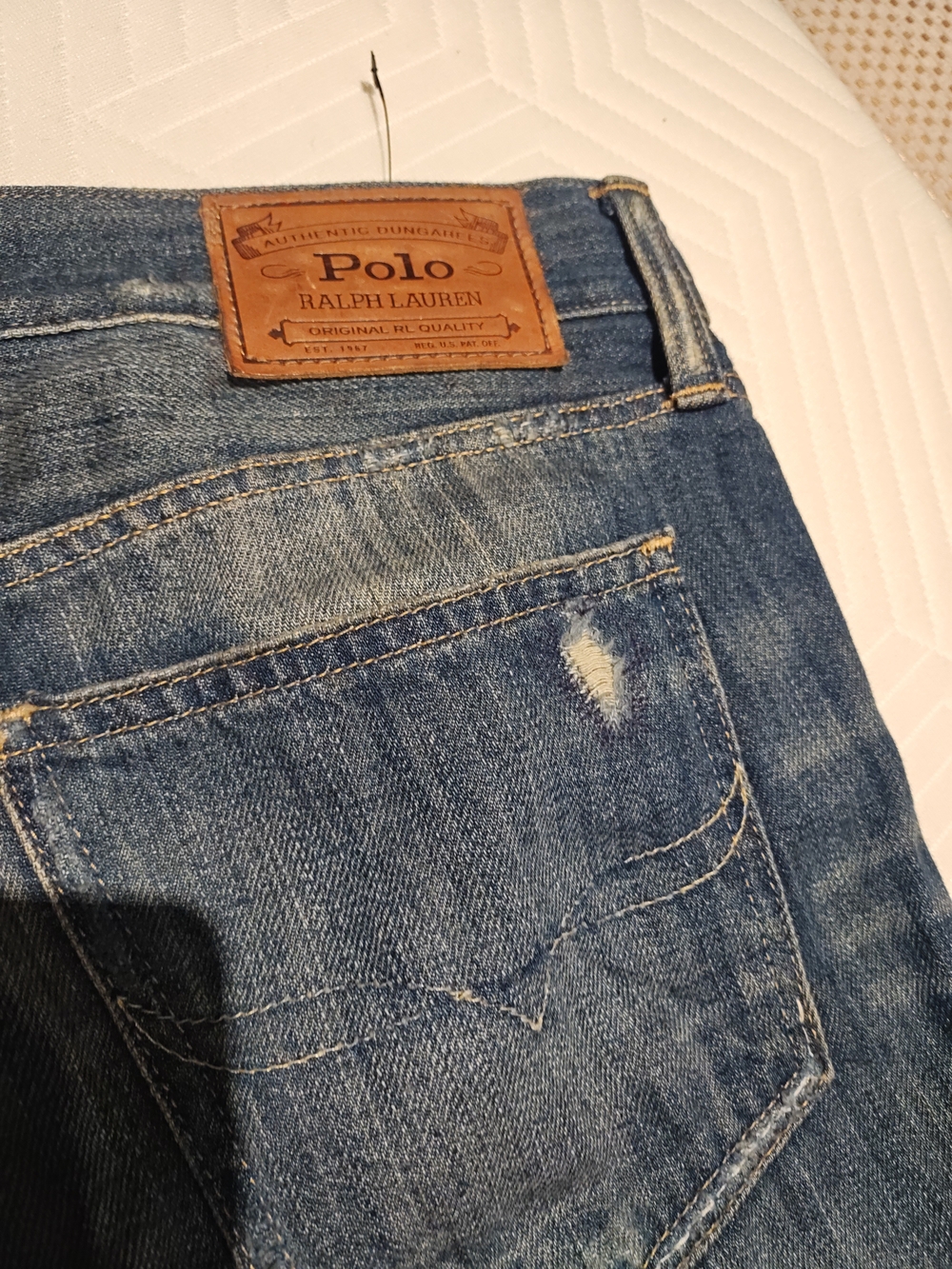 Polo by Ralph Lauren Slim Straight Distressed Blue Jeans with Plaid Patches - Picture 7 of 16